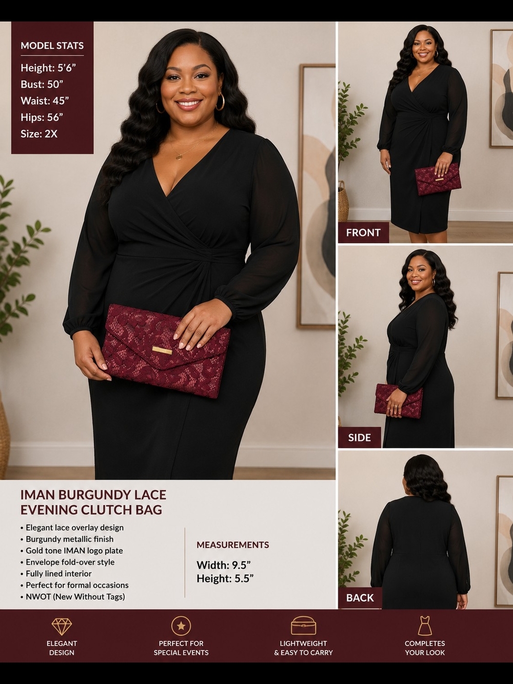 IMAN Burgundy Lace Metallic Clutch Bag NWOT